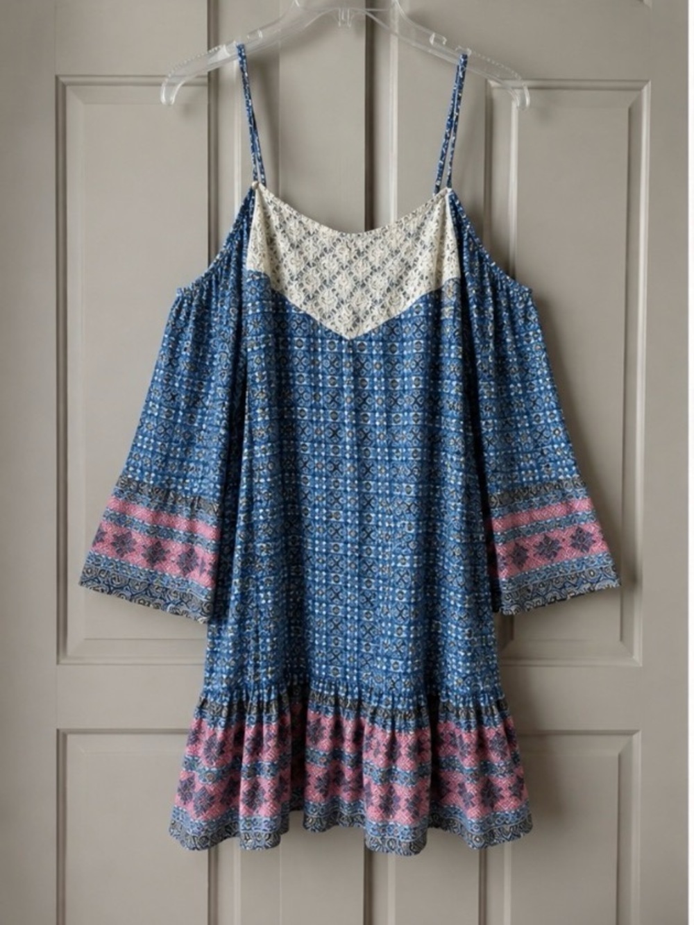 Umgee Blue Ivory Boho Cold Shoulder Mini Dress Tunic | Coastal EUC L #1475